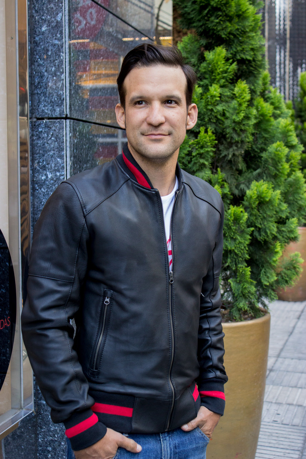 LUXUS P. Bomber Varsity Jacket in Black Leather - Red Stripe - PDCollection Leatherwear - Online Shop