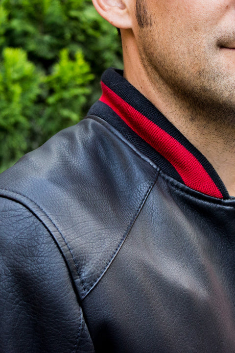LUXUS P. Bomber Varsity Jacket in Black Leather - Red Stripe - PDCollection Leatherwear - Online Shop
