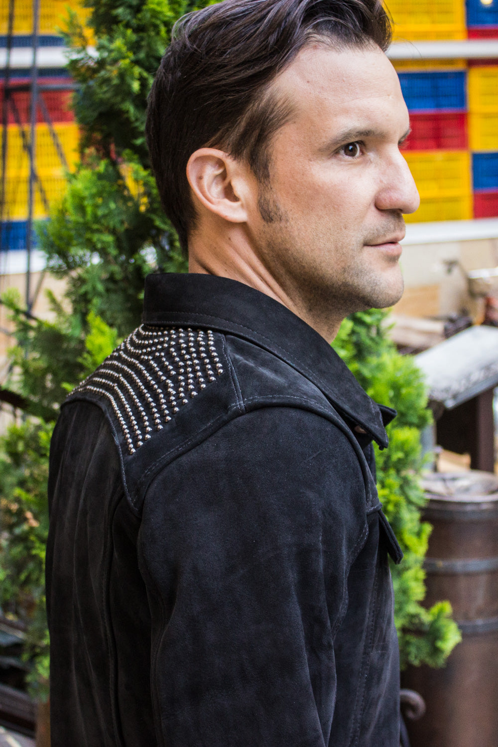 MCDAVE Denim Style Jacket in Nubuck & Studs - Black - PDCollection Leatherwear - Online Shop