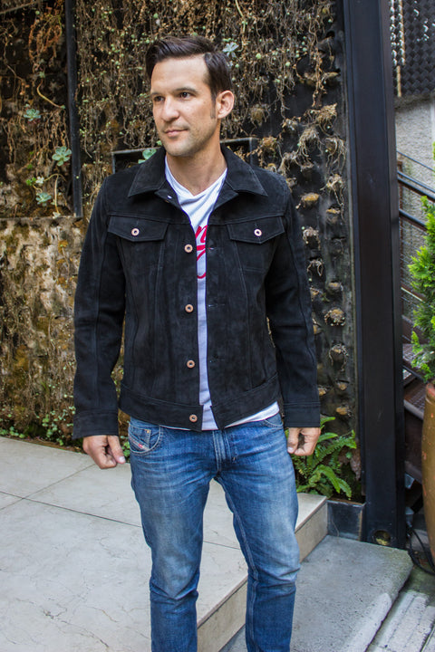 MCDAVE Denim Style Jacket in Nubuck & Studs - Black - PDCollection Leatherwear - Online Shop