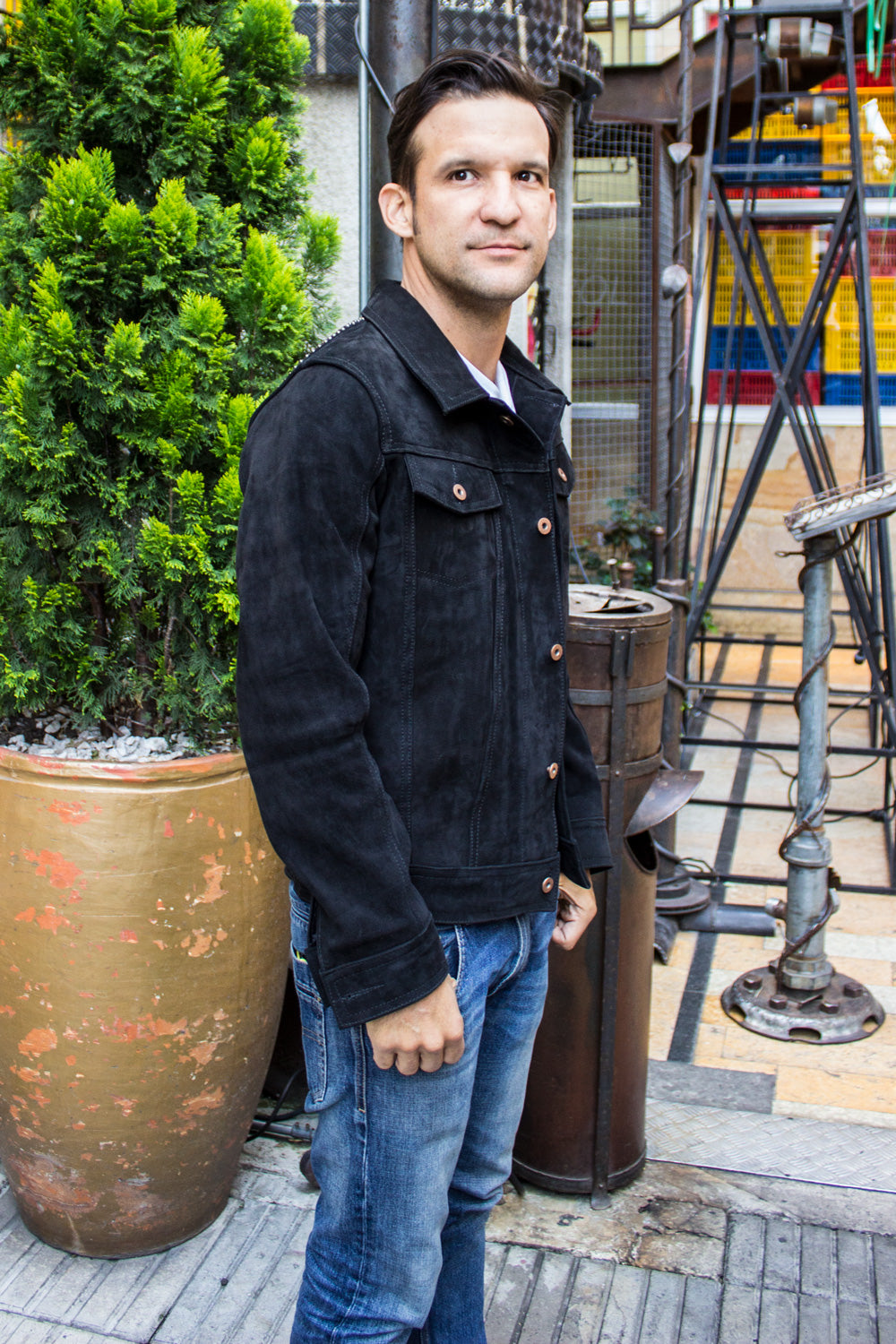 MCDAVE Denim Style Jacket in Nubuck & Studs - Black - PDCollection Leatherwear - Online Shop