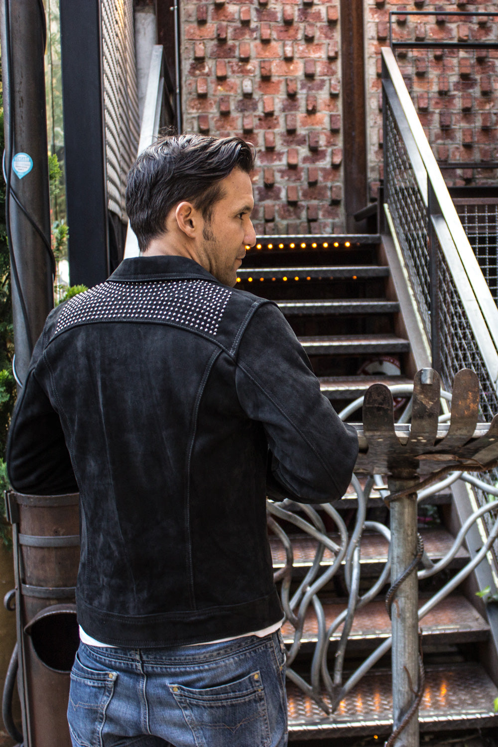 MCDAVE Denim Style Jacket in Nubuck & Studs - Black - PDCollection Leatherwear - Online Shop