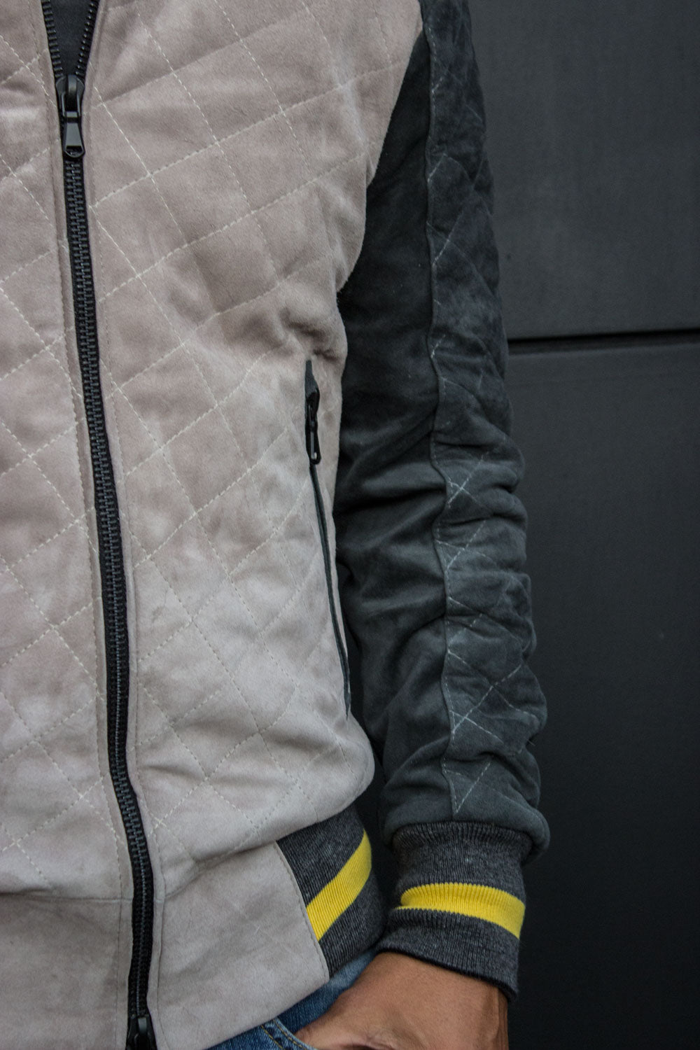 PARAMOUNT Bomber Jacket in Suede - Beige & Green - Yellow Stripes - PDCollection Leatherwear - Online Shop
