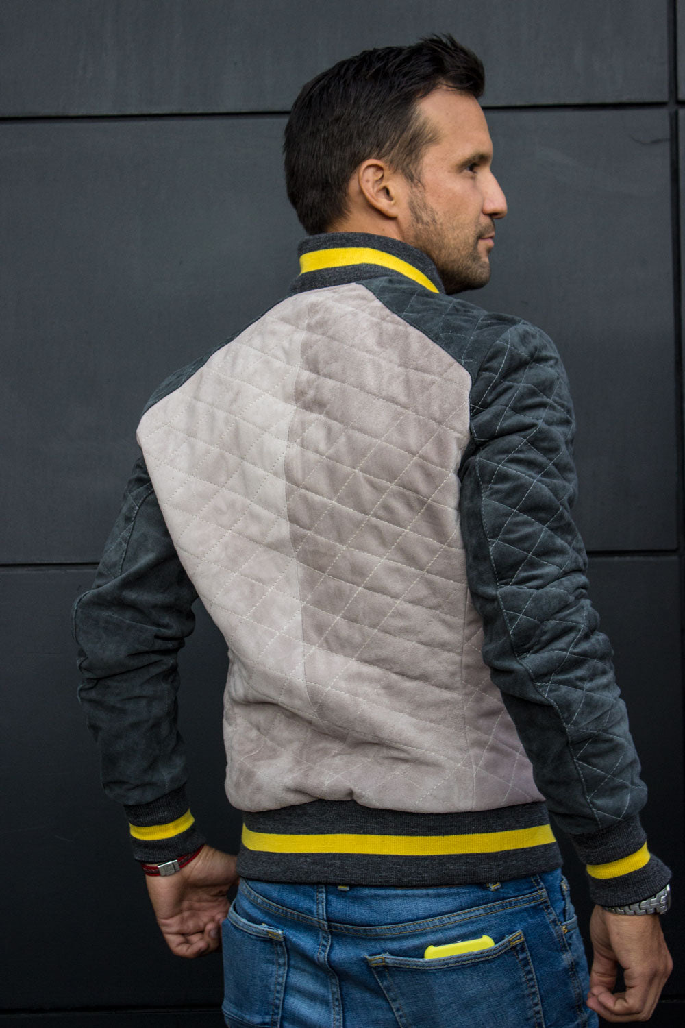 PARAMOUNT Bomber Jacket in Suede - Beige & Green - Yellow Stripes - PDCollection Leatherwear - Online Shop