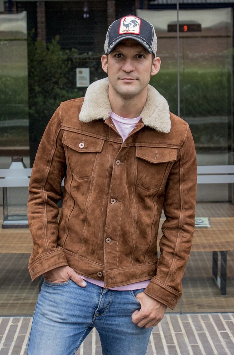MCDAVE AX Trucker Jacket Shearling Collar in Nubuck Suede - Mocha  - - PDCollection Leatherwear - Online Shop