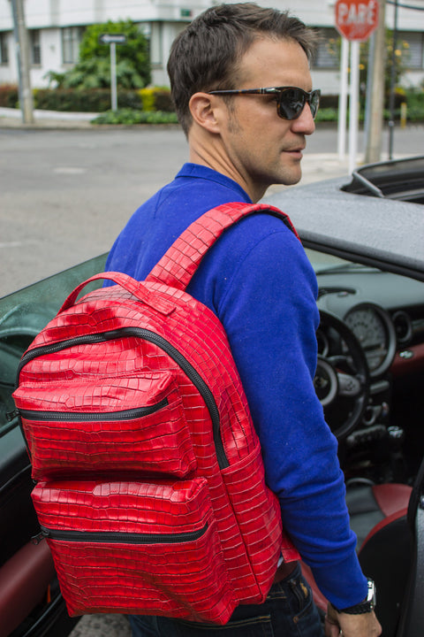 ALLIGATOR Texture Leather Bag Backpack in Luxury Red - Limited Ed.