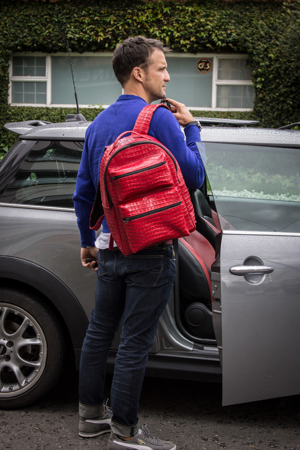 allintitel:red leather backpack mens ALLIGATOR Texture Leather Bag Backpack in Luxury Red