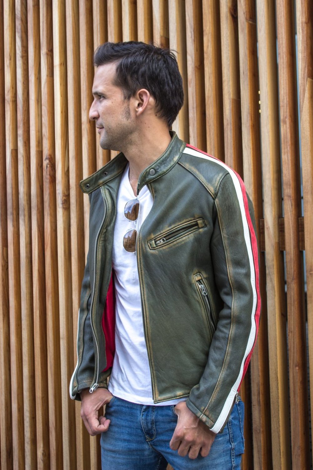 R80 AXE Leather Jacket - Washed Military Green w/ Stripes - PDCollection Leatherwear - Online Shop