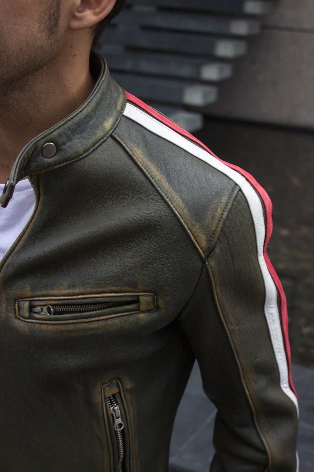 R80 AXE Leather Jacket - Washed Military Green w/ Stripes - PDCollection Leatherwear - Online Shop