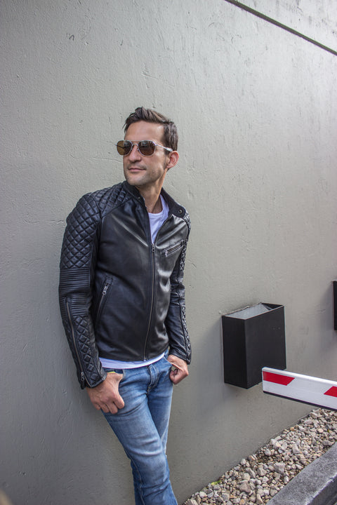 R79 QS Leather Jacket in Black lightweight Calfskin - Quilted, Cafe Racer Style - PDCollection Leatherwear - Online Shop