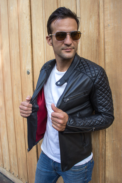 R79 QS Leather Jacket in Black lightweight Calfskin - Quilted, Cafe Racer Style - PDCollection Leatherwear - Online Shop