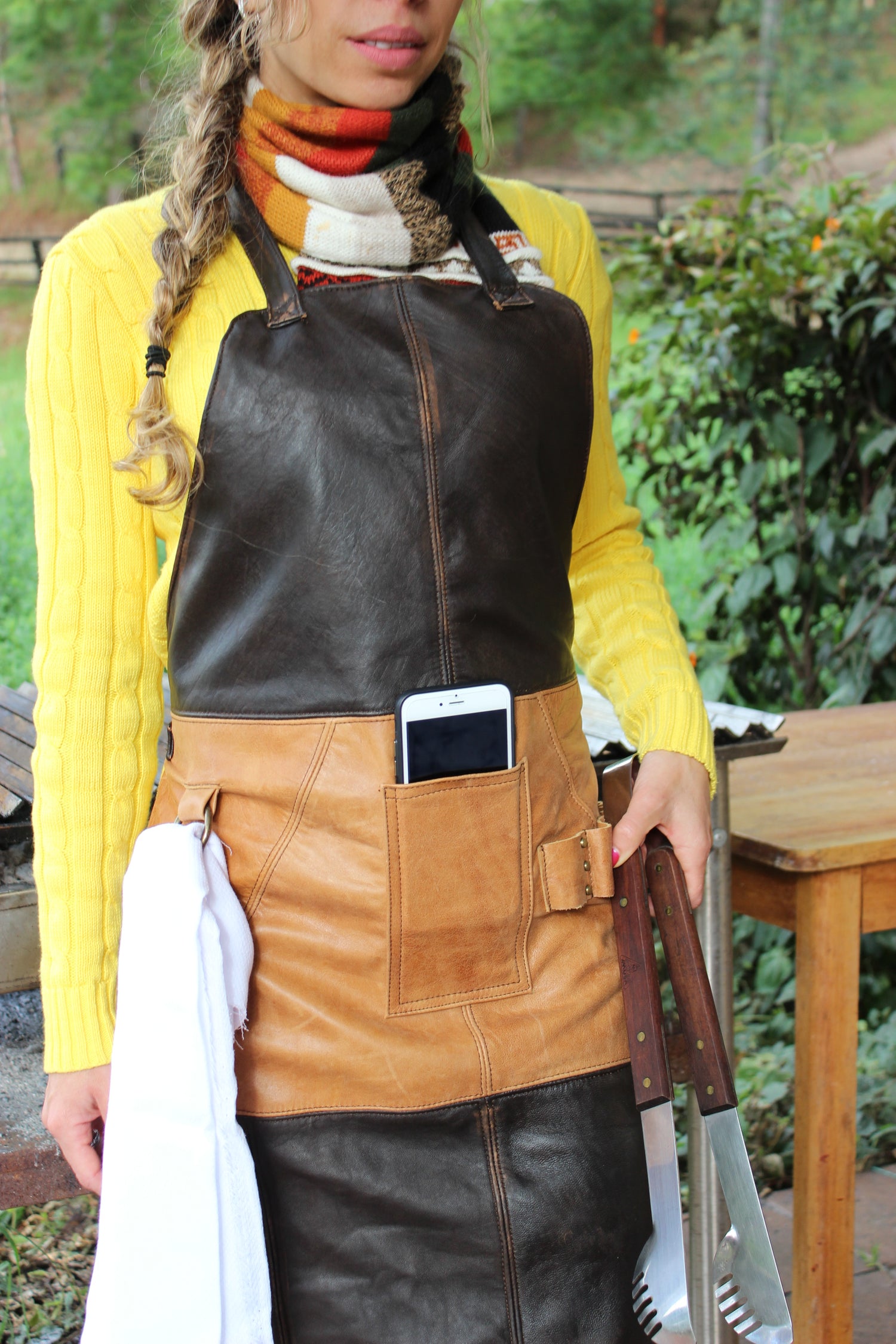 NATHAN Leather Apron in - Dark Brown and Tan Custom-made BBQ Restaurant fashion Name Initials - PDCollection Leatherwear - Online Shop