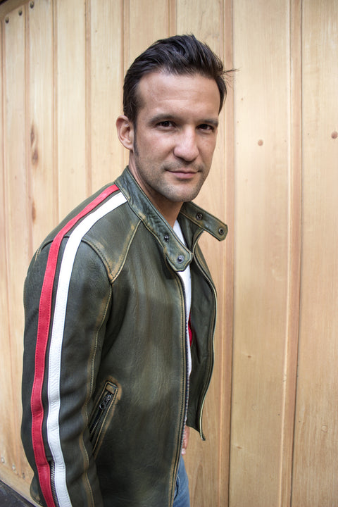 R80 AXE Leather Jacket - Washed Military Green w/ Stripes - PDCollection Leatherwear - Online Shop