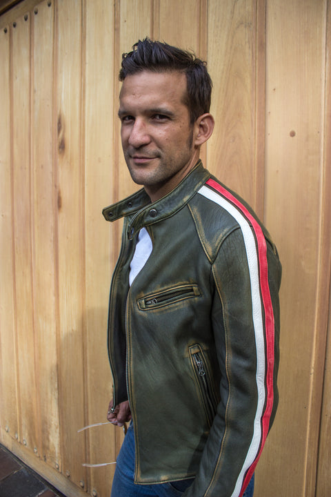 R80 AXE Leather Jacket - Washed Military Green w/ Stripes - PDCollection Leatherwear - Online Shop