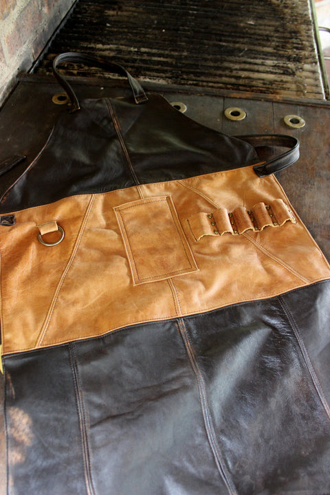 NATHAN Leather Apron in - Dark Brown and Tan Custom-made BBQ Restaurant fashion Name Initials - PDCollection Leatherwear - Online Shop
