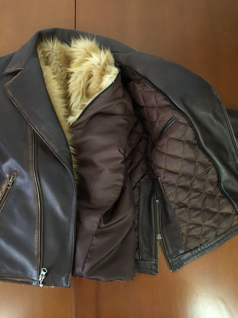 Rebel Fur Vintage Jacket Aged Leather Distressed Brown Removable Vest - PDCollection Leatherwear - Online Shop