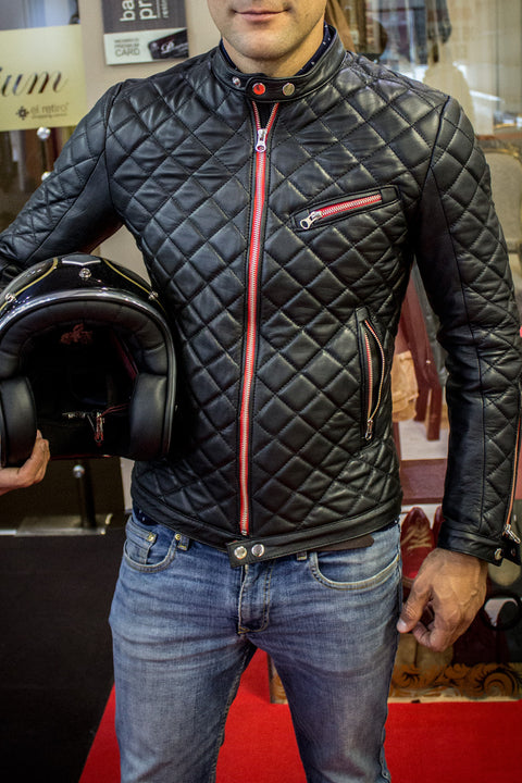 PANAMERICA Leather Jacket - Quilted, in Calfskin Black / Red Limited Edition - - PDCollection Leatherwear - Online Shop