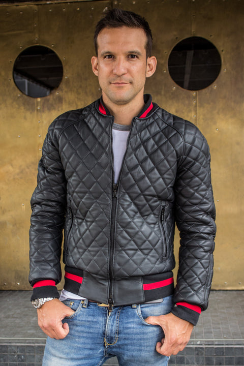 LUXUS HYBRID Bomber Quilted Jacket  Leather Black - Red Stripe - PDCollection Leatherwear - Online Shop