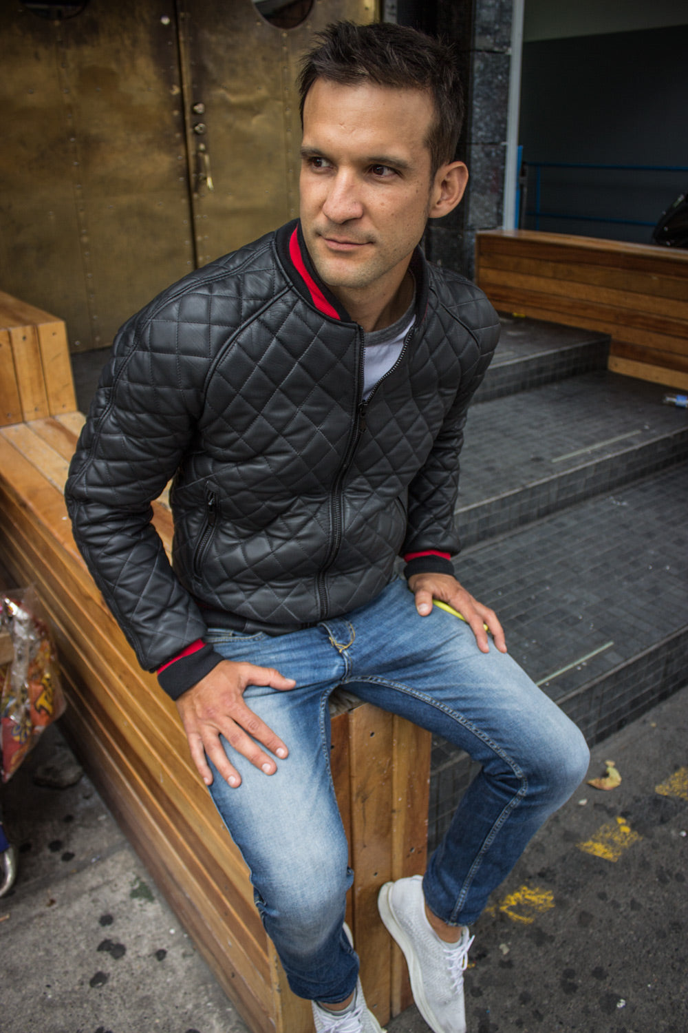 LUXUS HYBRID Bomber Quilted Jacket  Leather Black - Red Stripe - PDCollection Leatherwear - Online Shop