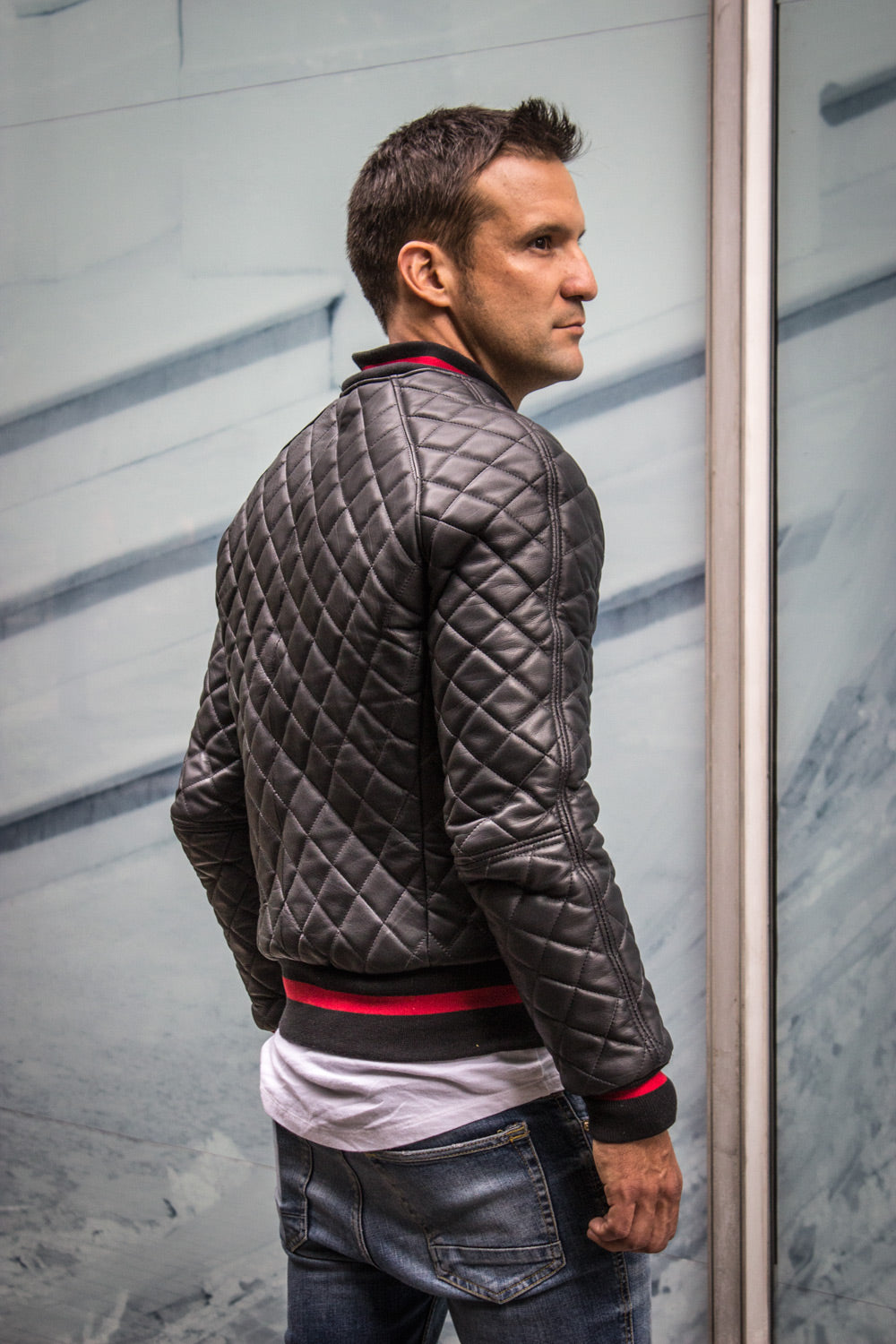 LUXUS HYBRID Bomber Quilted Jacket  Leather Black - Red Stripe - PDCollection Leatherwear - Online Shop