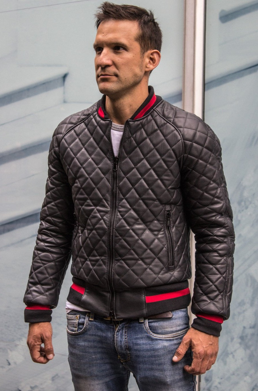 LUXUS HYBRID Bomber Quilted Jacket  Leather Black - Red Stripe - PDCollection Leatherwear - Online Shop
