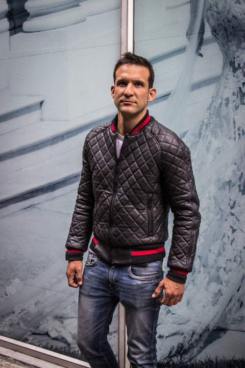 LUXUS HYBRID Bomber Quilted Jacket  Leather Black - Red Stripe - PDCollection Leatherwear - Online Shop