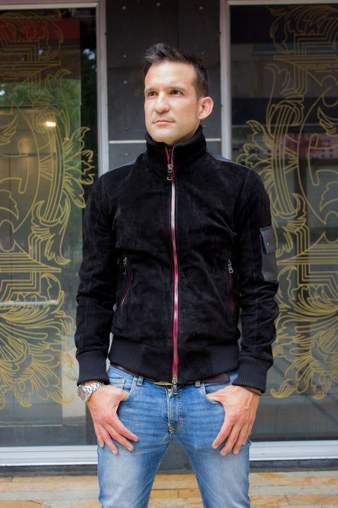 BOSS Black Suede Jacket with Leather pockets Red Zipper - PDCollection Leatherwear - Online Shop