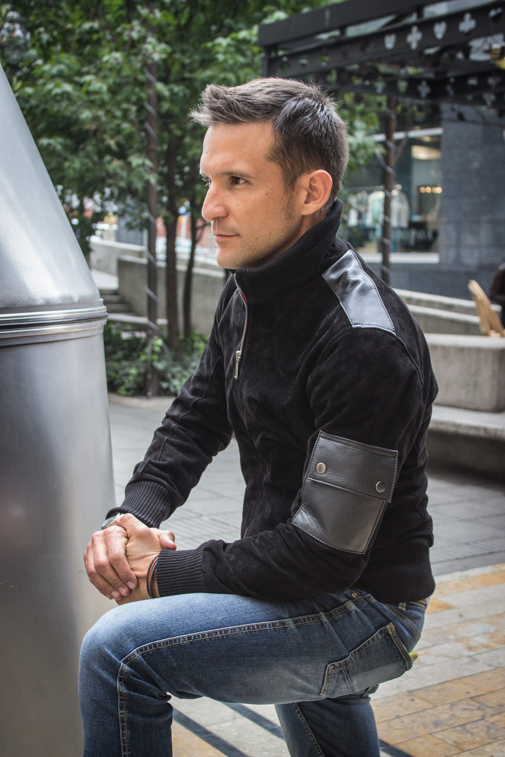 BOSS Black Suede Jacket with Leather pockets Red Zipper - PDCollection Leatherwear - Online Shop