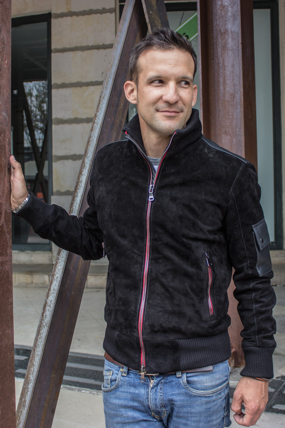 BOSS Black Suede Jacket with Leather pockets Red Zipper - PDCollection Leatherwear - Online Shop