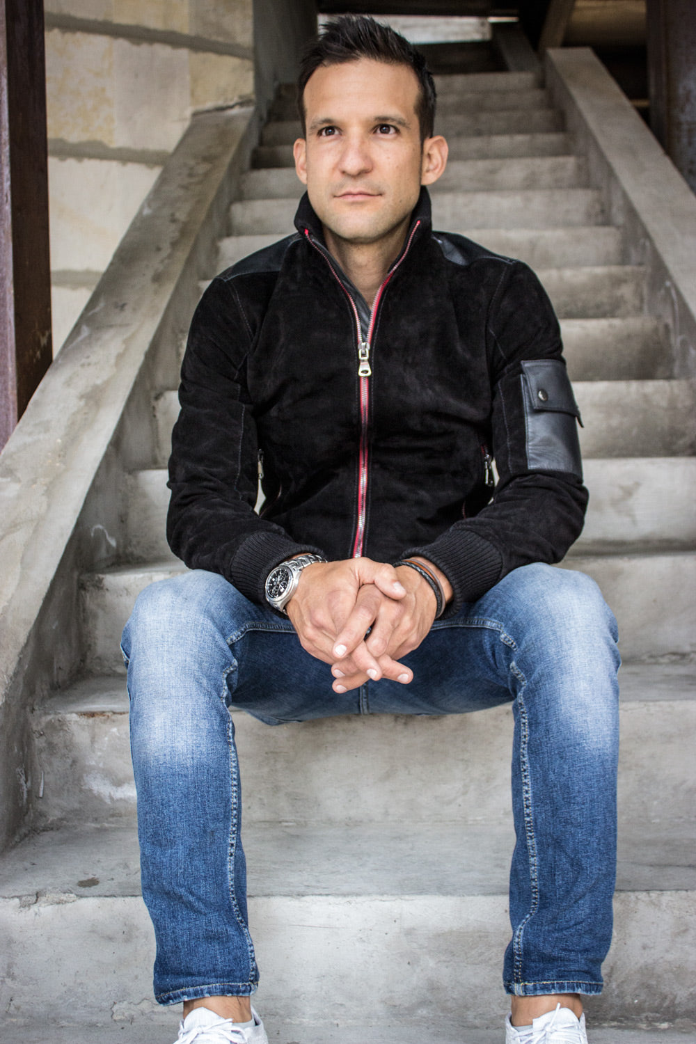 BOSS Black Suede Jacket with Leather pockets Red Zipper - PDCollection Leatherwear - Online Shop