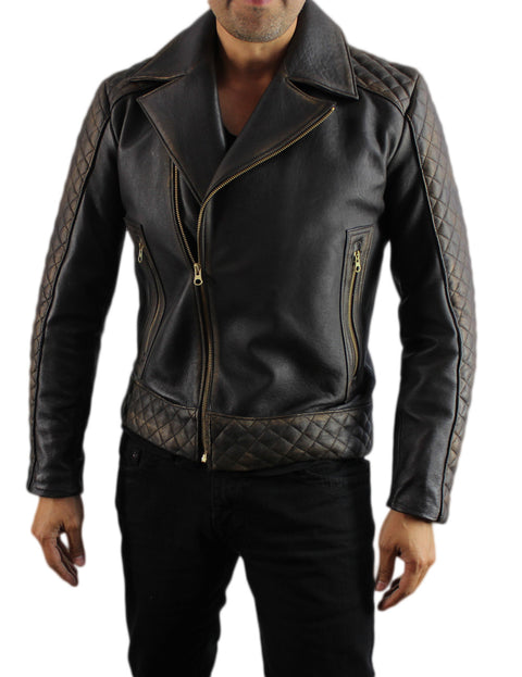 CAFE KNIGHT Leather Jacket Cafe Brown Quilted Gold Zips - PDCollection Leatherwear - Online Shop