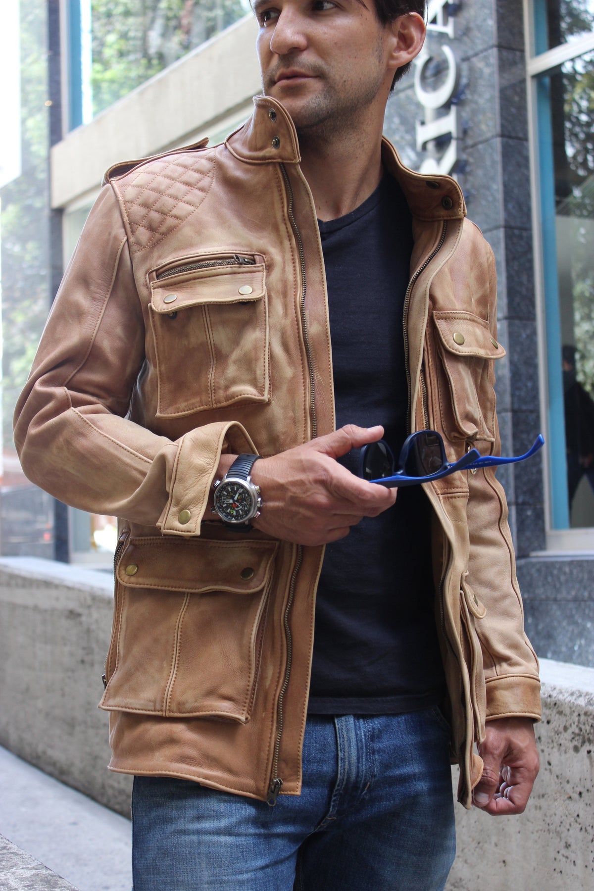 FIELD FR Leather Jacket Rugged Napa Washed Stone / Contrasted- Mid-Length - PDCollection Leatherwear - Online Shop