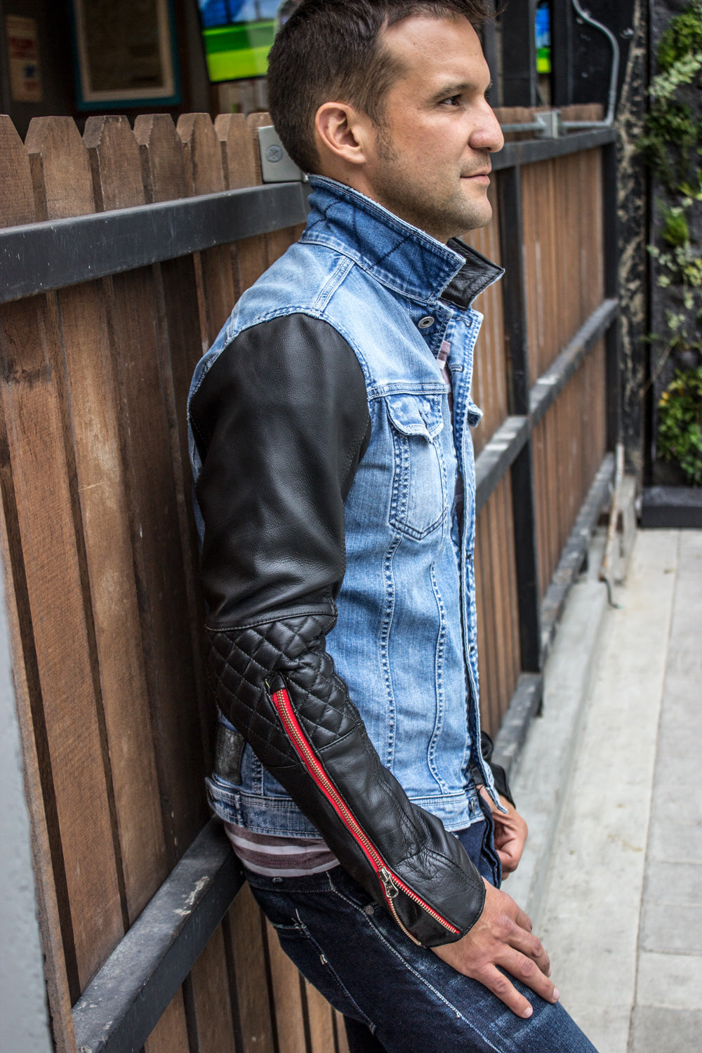 BROOKLYN RD Jean & Leather Jacket Blue Denim & Black Quilted Leather Sleeves - PDCollection Leatherwear - Online Shop