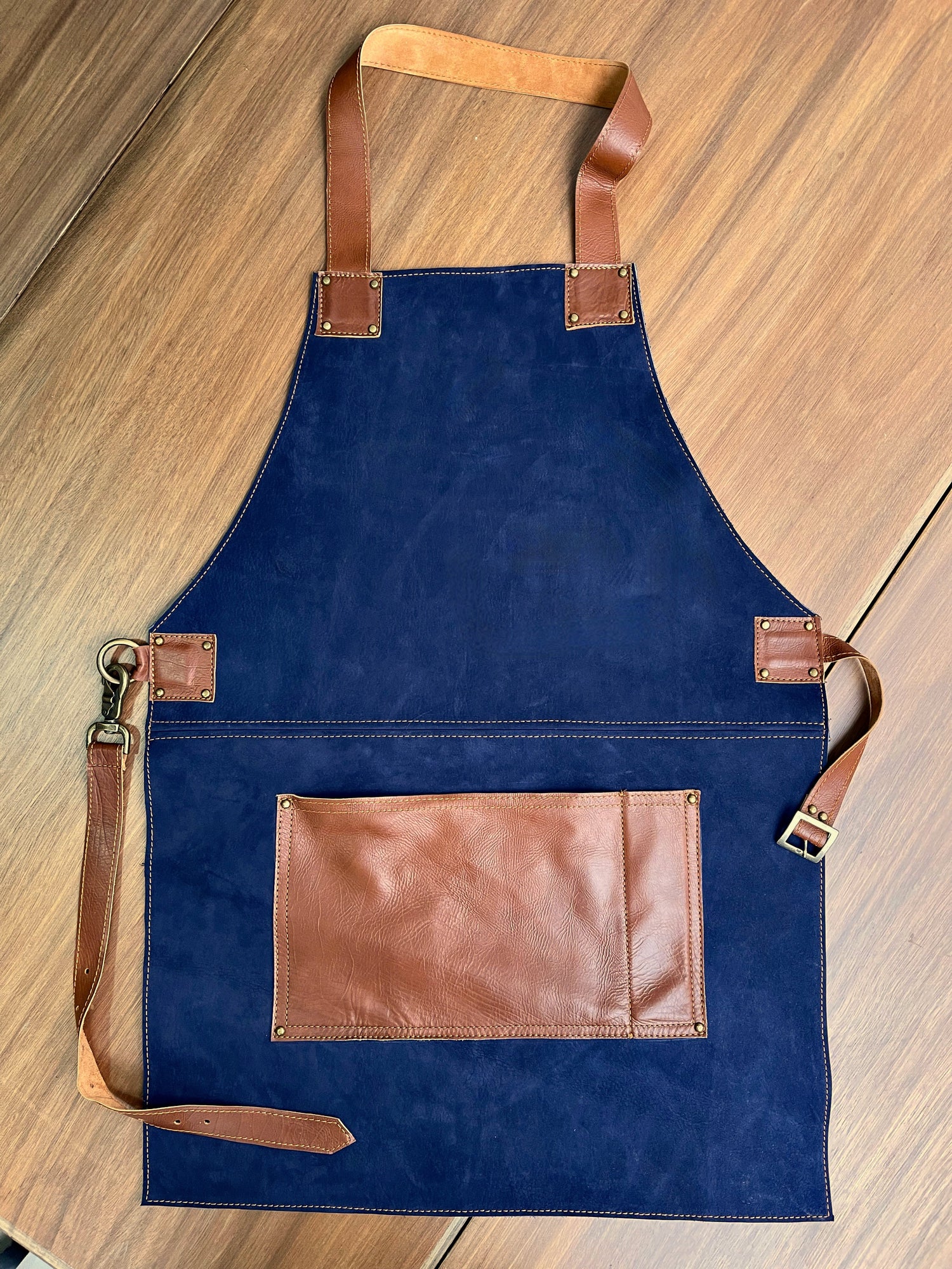 2PDW Leather Apron Dark Blue & Brown Straps and Pockets - Custom-Made Personalized