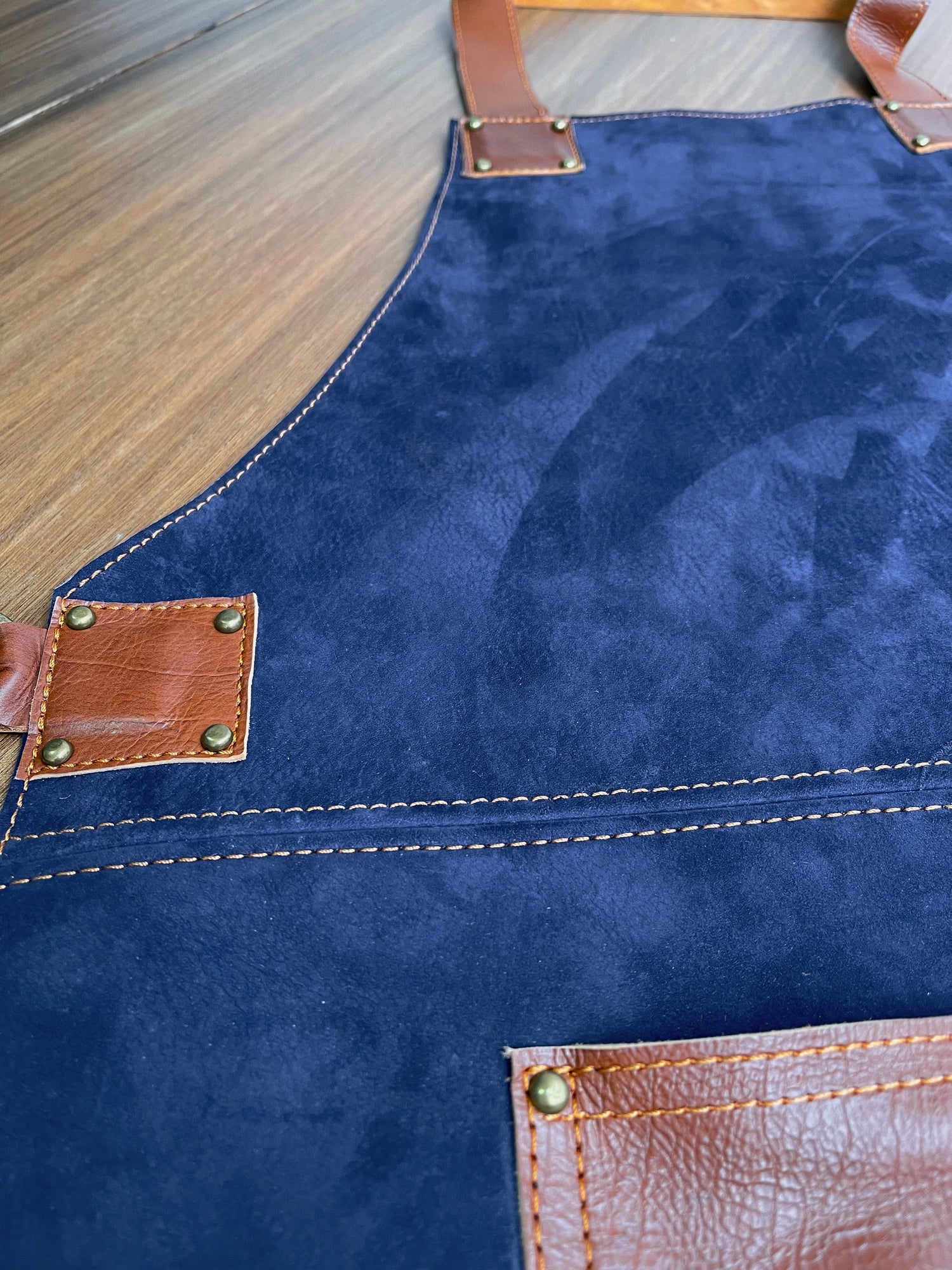 2PDW Leather Apron Dark Blue & Brown Straps and Pockets - Custom-Made Personalized