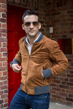 LAFAYETTE Suede Jacket Bomber Camel & Gray ribbing - PDCollection Leatherwear - Online Shop