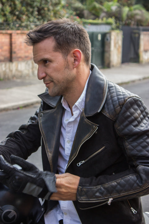 OUTLANDER Leather Jacket Quilted Sleeves, distressed black & Suede Nubuck - PDCollection Leatherwear - Online Shop