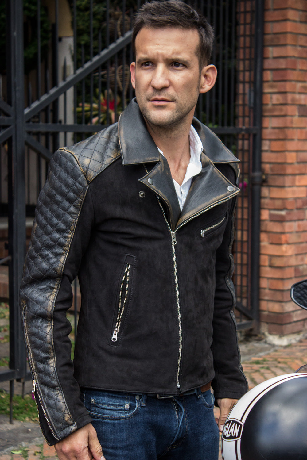 OUTLANDER Leather Jacket Quilted Sleeves, distressed black & Suede Nubuck - PDCollection Leatherwear - Online Shop