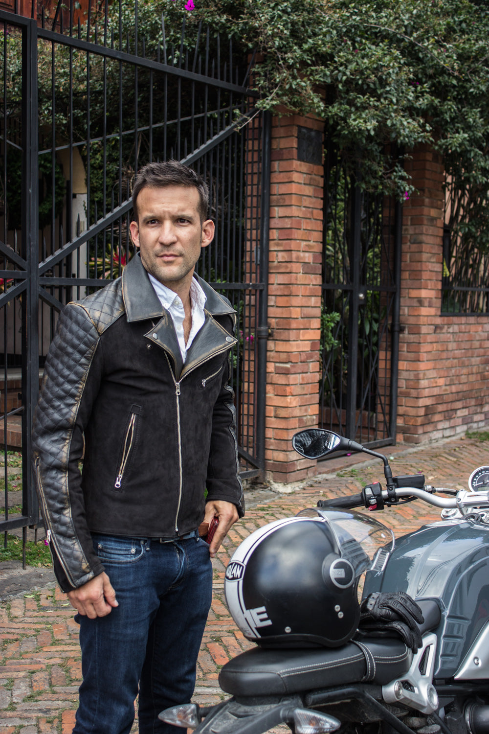 OUTLANDER Leather Jacket Quilted Sleeves, distressed black & Suede Nubuck - PDCollection Leatherwear - Online Shop