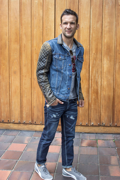 BROOKLYN AX Jean & Leather Jacket Blue Denim & Distressed Quilted Leather Sleeves - PDCollection Leatherwear - Online Shop