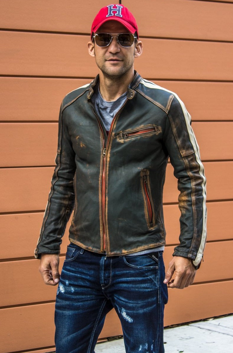 R80 HERITAGE Leather Jacket - Washed & Distressed Military Green w/ St ...