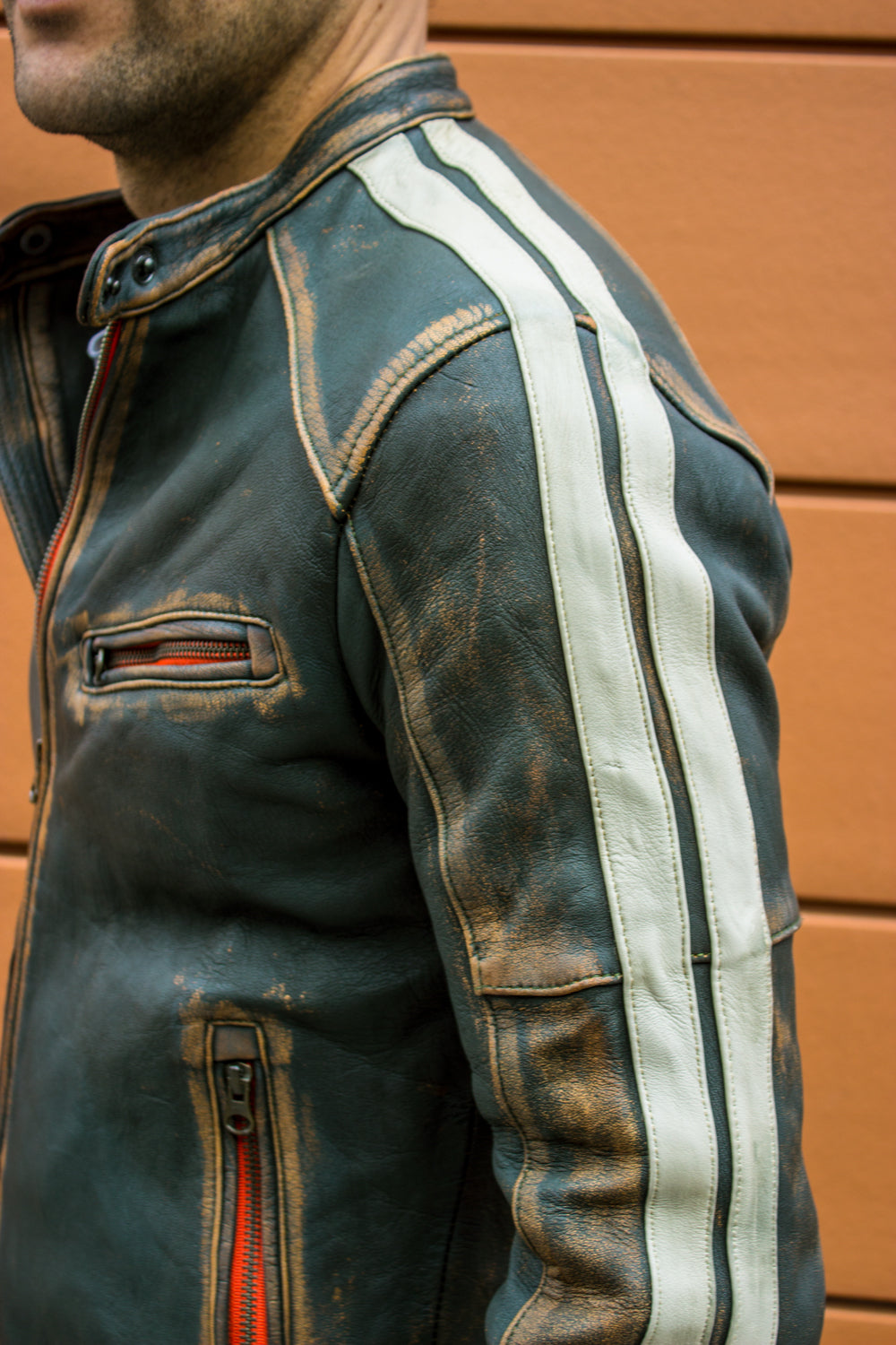 R80 HERITAGE Leather Jacket - Washed & Distressed Military Green w/ Stripes - PDCollection Leatherwear - Online Shop