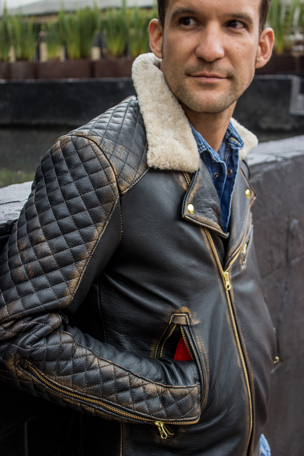 BELGRAVE SQ Leather Jacket Shearling  Quilted in Distressed Brown - PDCollection Leatherwear - Online Shop