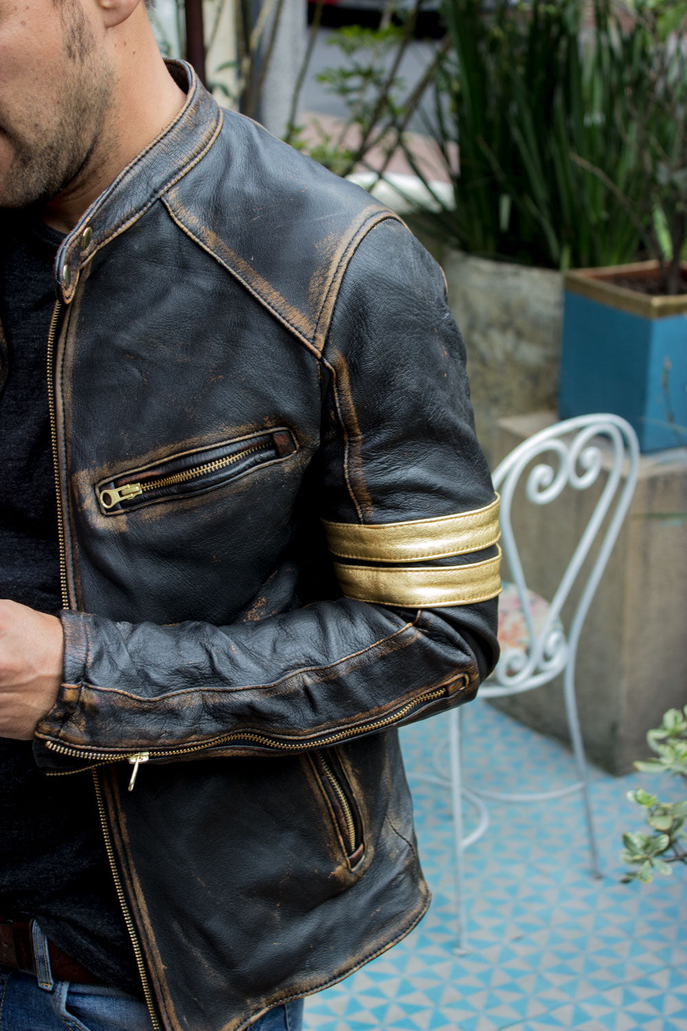 GOLD 19 Leather Jacket washed distressed black & gold stripes - PDCollection Leatherwear - Online Shop