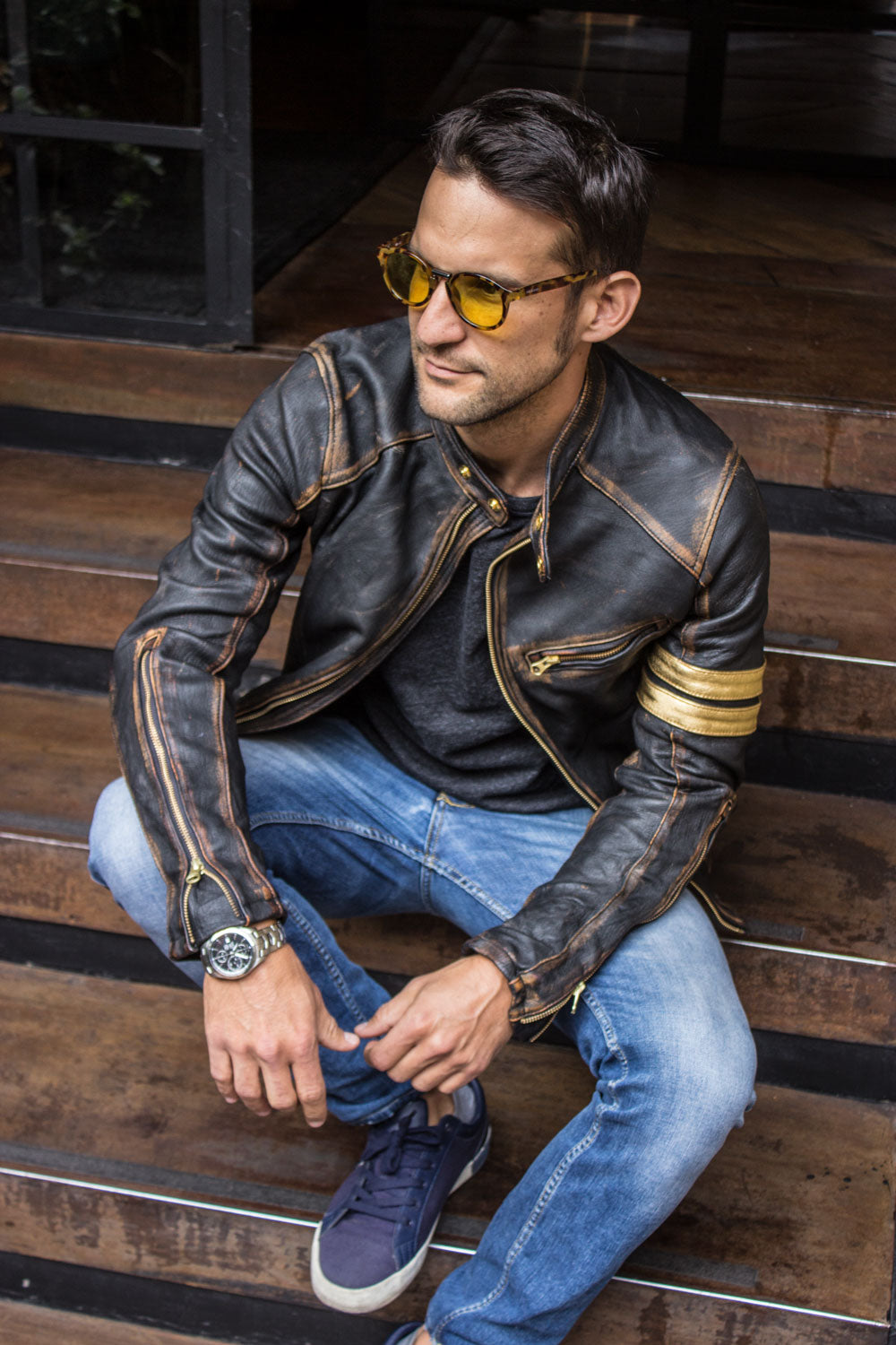 GOLD 19 Leather Jacket washed distressed black & gold stripes - PDCollection Leatherwear - Online Shop