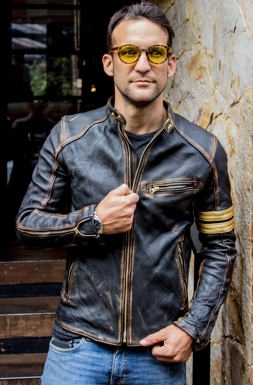 GOLD 19 Leather Jacket washed distressed black & gold stripes - PDCollection Leatherwear - Online Shop