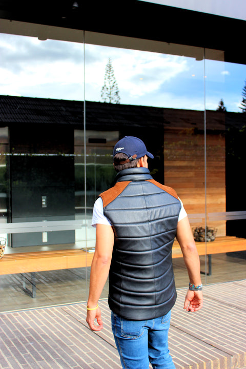 NORDIK Leather quilted Vest in Black / Suede Shoulders - PDCollection Leatherwear - Online Shop