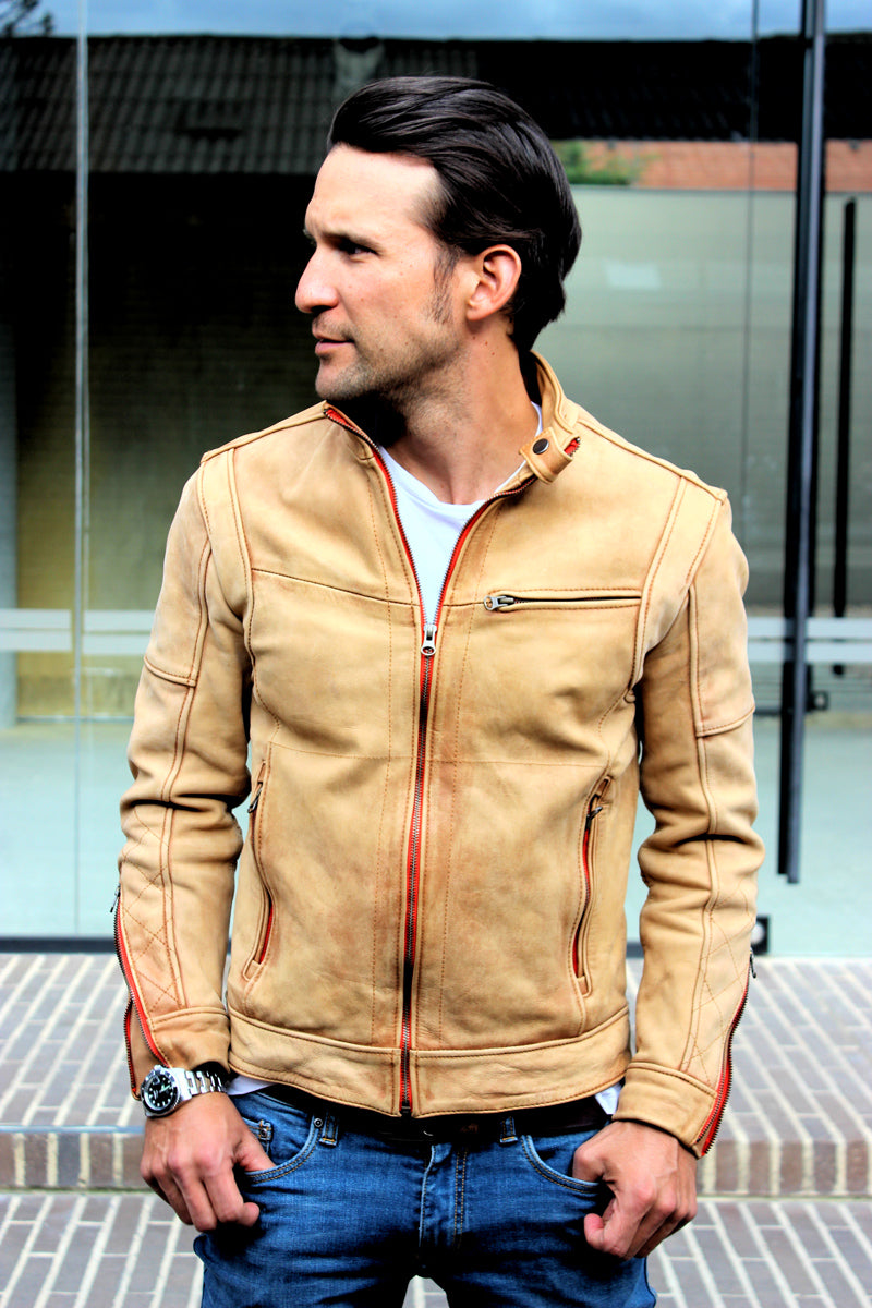 SOL STORM Leather Jacket Pre-Washed tan Leather  - Cafe Racer - PDCollection Leatherwear - Online Shop