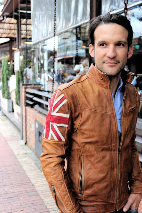 UNION JACK Leather Jacket in Brown Color British Flag Cafe Racer- Limited Ed - PDCollection Leatherwear - Online Shop