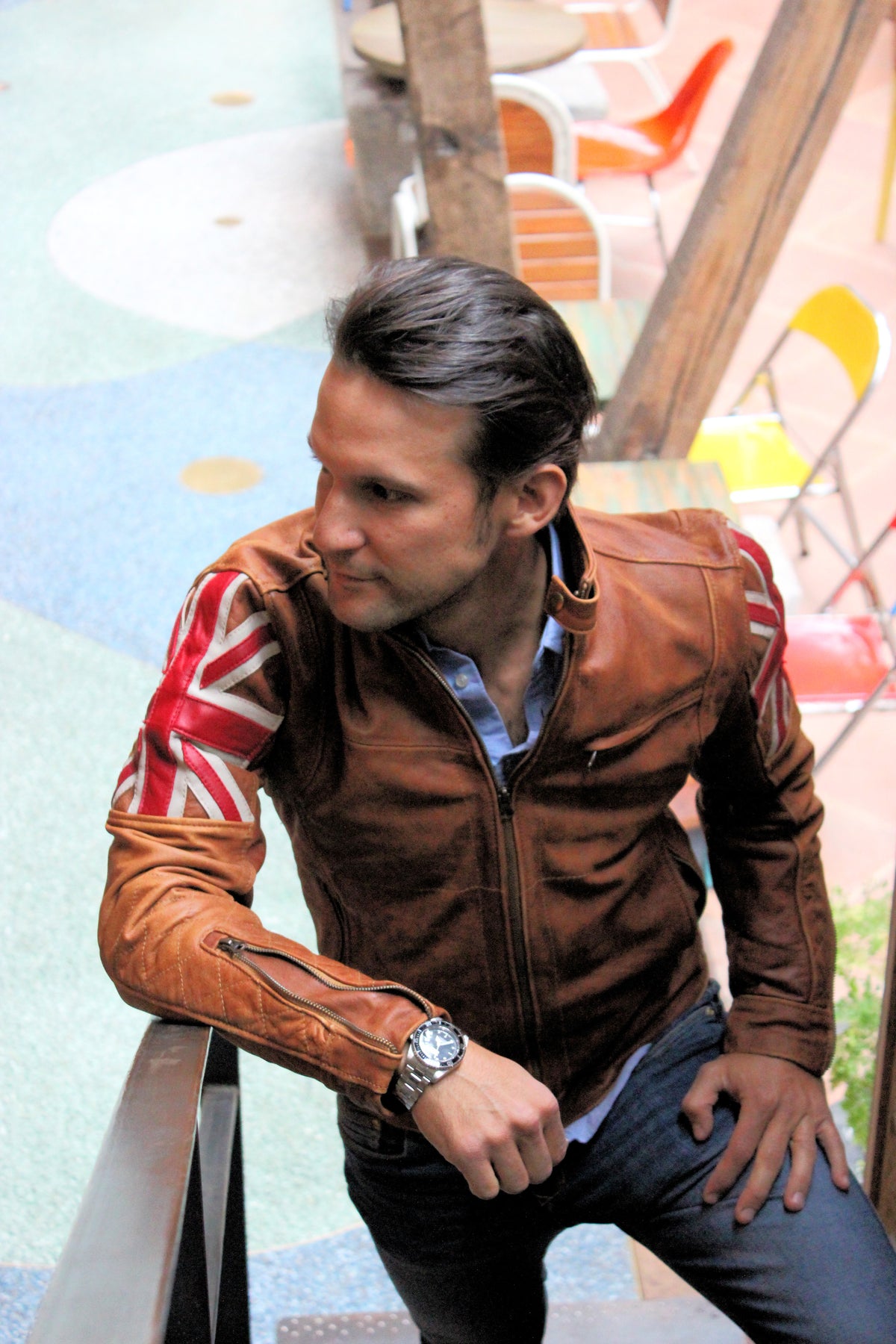 UNION JACK Leather Jacket in Brown Color British Flag Cafe Racer- Limited Ed - PDCollection Leatherwear - Online Shop